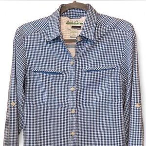 Exofficio’s “Buzz Off Insect Shield” Blue and White Checkered Button Down Shirt